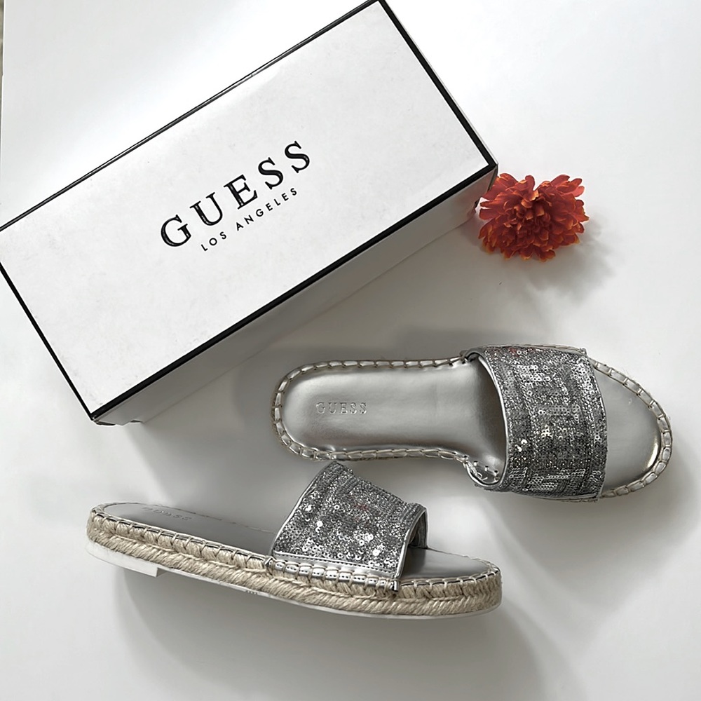 Guess embellished espadrille slides.